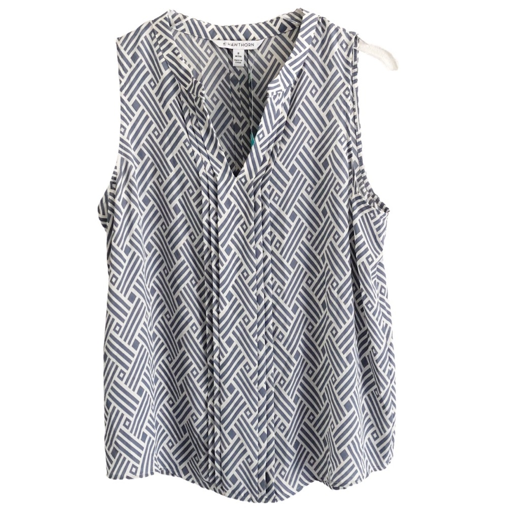 41 Hawthorn Sleeveless Geo Print Blouse in White and Navy
